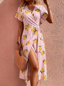 Flora Isola Flora Isola Damen Rosa Zitronenmuster Wickelkleid mit V-Ausschnitt und kurzen Ärmeln, lässiges Urlaubs-Strand-Sommerkleid - Pink - Übersicht 3