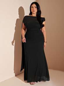 SHEIN BAE Damen Große Größen Frühlings-/Sommer-Abschlussballkleid, langes fließendes elegantes Kleid, lila Kleid, asymmetrisches asymmetrisches Schulter asymmetrisches Mesh-Kleid - Schwarz - Übersicht 6