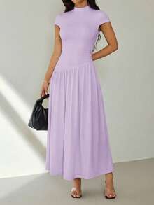 SHEIN PETITE Women's Summer Elegant Solid Color Long Dress - Mauve Purple - View 4