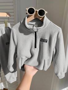 SHEIN 2件裝小男孩休閒簡約兩件套，適合秋冬，刷毛加厚 - 淺灰色 - 查看 3