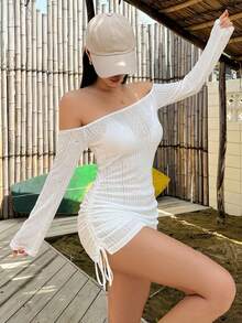 DAZY 女款夏季不對稱單肩抓皺綁帶沙灘罩衫 性感極簡半透明長袖泳衣外罩 - 白色 - 查看 5