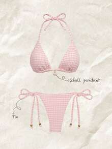 Swim Mod Women's Summer Jacquard Fabric Halter Neck Metal Decor Sexy Bikini Set - Pink - View 3