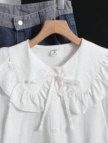 SHEIN 青少年女孩編織白色彼得潘領彼得潘領休閒百搭長袖襯衫 - 白色 - 查看 4
