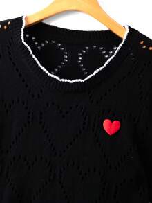 GlowEve CURVE Plus Size Elegant Cute Fairy Colorblock Heart Pattern Hollow Out Round Neck Short Sleeve Knit Top Dinner Office Black Summer - Black and White - View 3