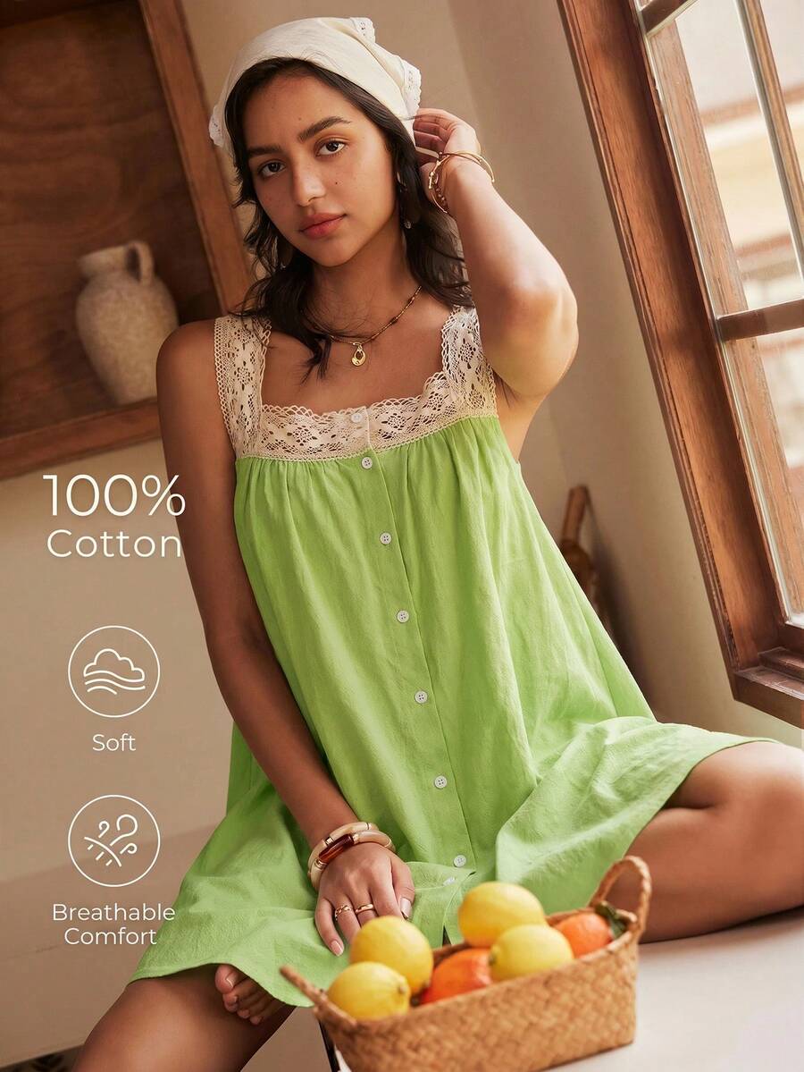 Lullawish 波希米亞風細肩帶女款睡裙 - 綠色 - 查看 1