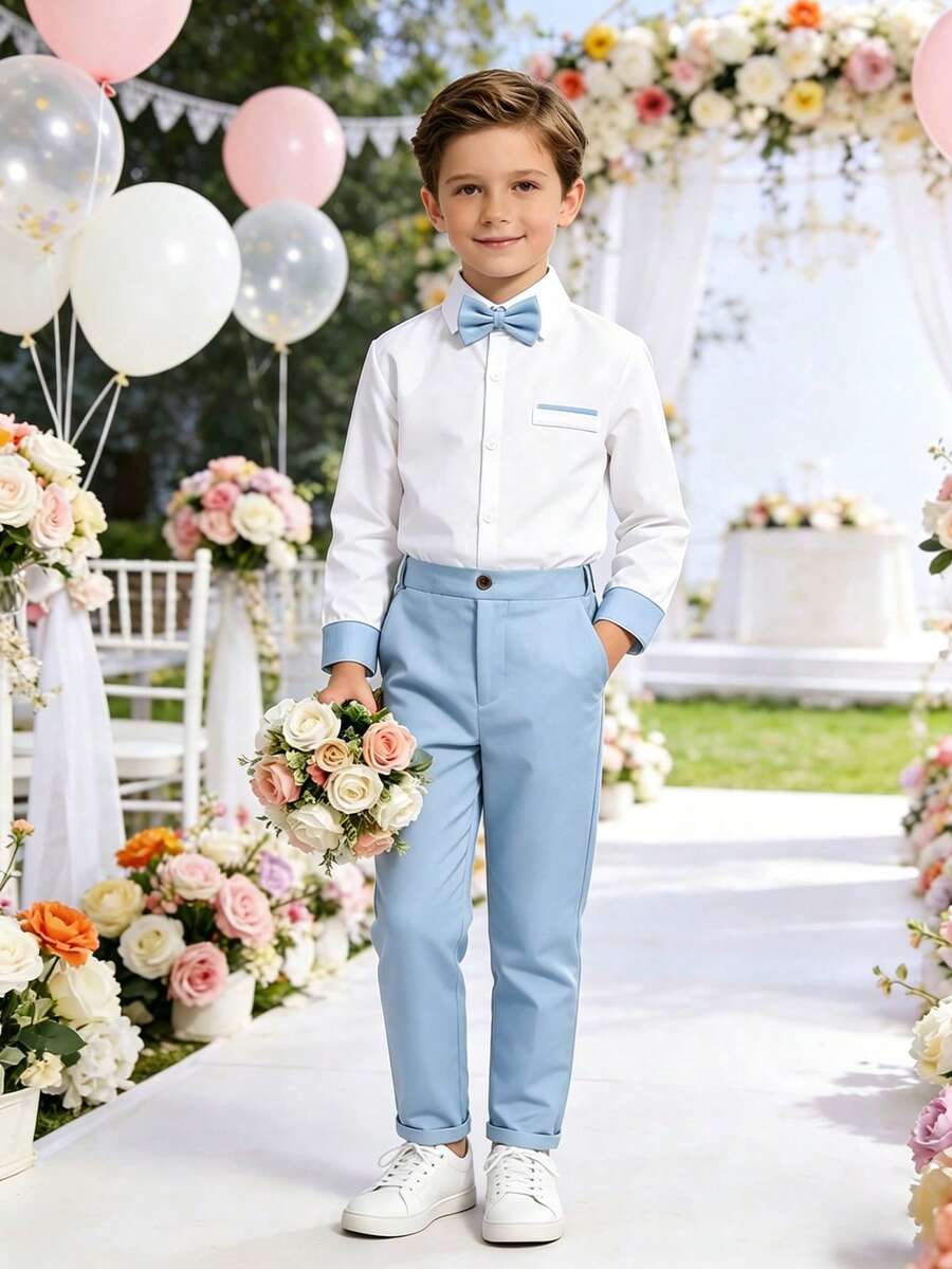 SHEIN Bộ trang phục lịch lãm 2 món cho bé trai tuổi teen - Áo sơ mi dài tay màu xanh nhạt + Nơ đeo cổ + Quần tây màu xanh nhạt, bộ vest trang trọng thanh lịch cho tiệc sinh nhật, đám cưới, buổi biểu diễn, lễ tốt nghiệp, hoặc mặc thường ngày. - Màu xanh nhạt - Xem 1