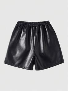 ROMWE MEN Street Life Men's Summer Casual Drawstring Waist PU Shorts - Black - View 2