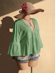 SHEIN ICON Plus Size Women's V-Neck Flare Sleeve Ruffle Hem Top - Mint Green - View 9
