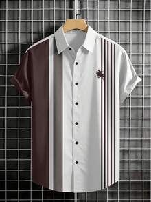 Manfinity Homme Men's Striped Knight Pattern Print Contrast Color Single-Breasted Short Sleeve Shirt, Ceremony - Multicolor - View 2