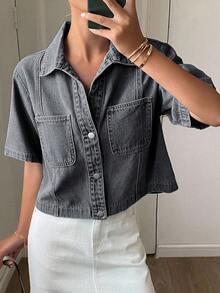 Livesso 女款短袖單排扣休閒口袋牛仔外套 - 灰色 - 查看 3