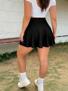 EMERY ROSE Plus Size Summer Casual Solid Color Lace Patchwork Skort - Black - View 2