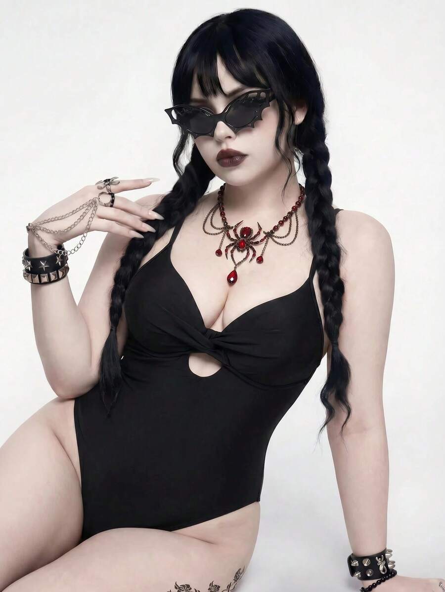 ROMWE Goth 2026新款哥德式暗黑極簡大尺碼連身泳衣 - 黑色 - 查看 1