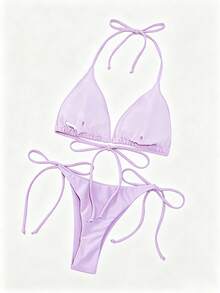 Swim Basics Set Baju Renang Wanita Dua Potong Seksi Warna Polos dengan Tali Pengikat - Lilac Purple - View 2