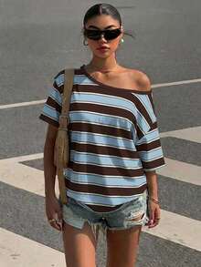 Muchica Casual Minimalist All-Over Print Off-Shoulder Dropped Shoulder Short Sleeve Loose Women's T-Shirt Suitable For Summer - Multicolor - View 5