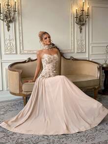Poshira Women's Sequin Faux Pearl Decorated Pleated Elegant Waist-Cinched Ball Gown Dress - Champagne - View 5