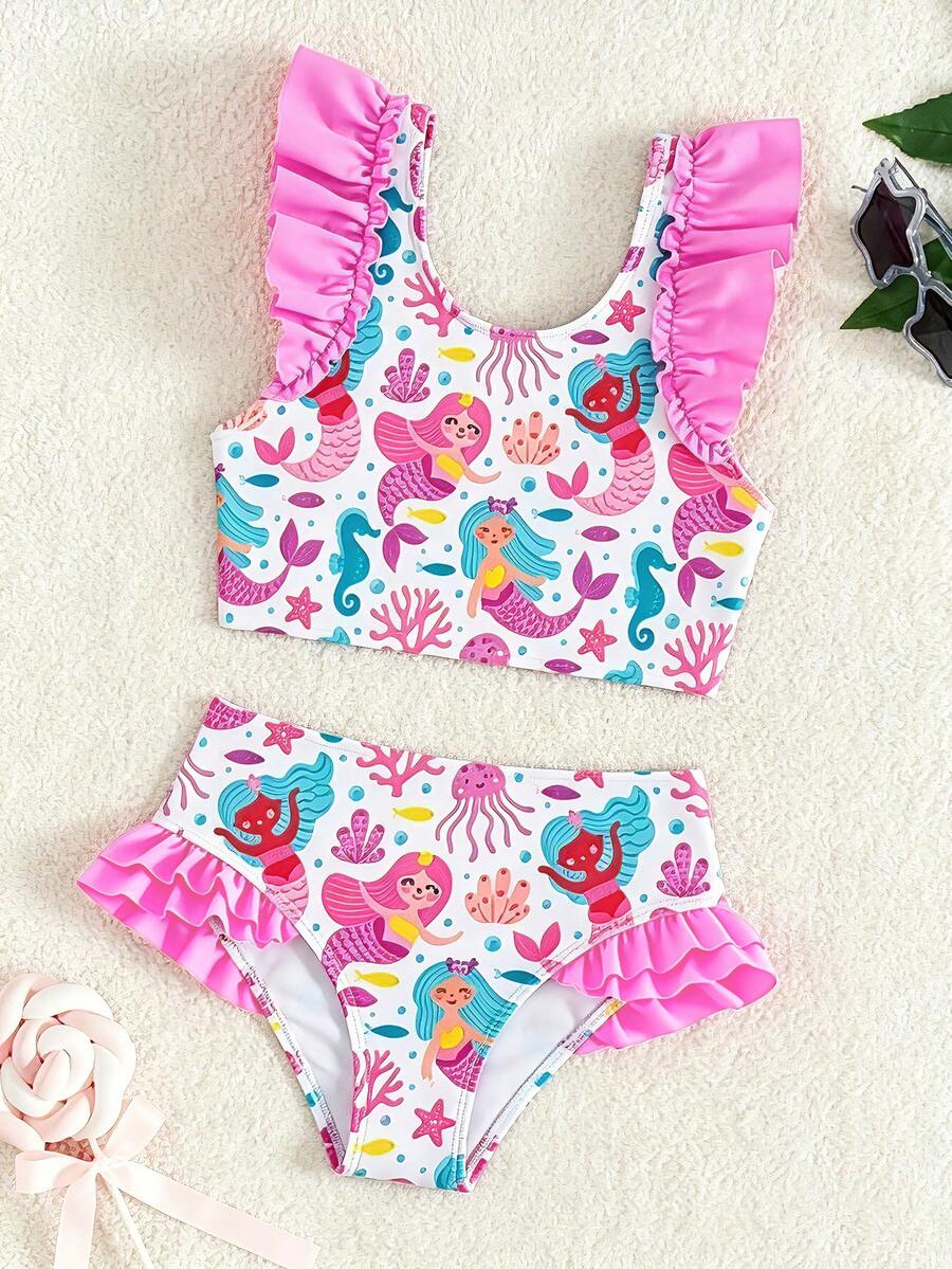 SHEIN 少女美人鱼印花比基尼套装，可爱休闲保守风格，针织数码印花，肩带和荷叶边装饰，上衣搭配三角泳裤，时尚优雅，适合游泳、海滩、泳池、夏季度假等场合。