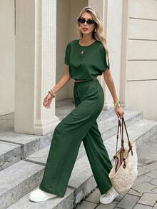Serisse Batwing Sleeve Crop Top & Drawstring Waist Pants Textured Fabric Two Pieces - Dark Green - View 6