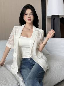 Feyla 女款鏤空翻領短袖休閒西裝外套 - 杏色 - 查看 3