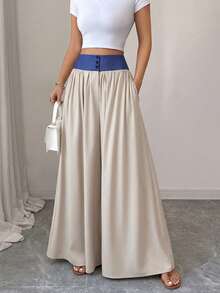 Elenzga Calça jeans feminina elegante e casual com patchwork, cintura alta, ideal para o dia a dia, lazer, chá da tarde, ocasiões informais, encontros, viagens e férias. Calça pantalona, novidade no mercado. - Damasco - Ver 4