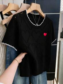 GlowEve CURVE Plus Size Elegant Cute Fairy Colorblock Heart Pattern Hollow Out Round Neck Short Sleeve Knit Top Dinner Office Black Summer - Black and White - View 1