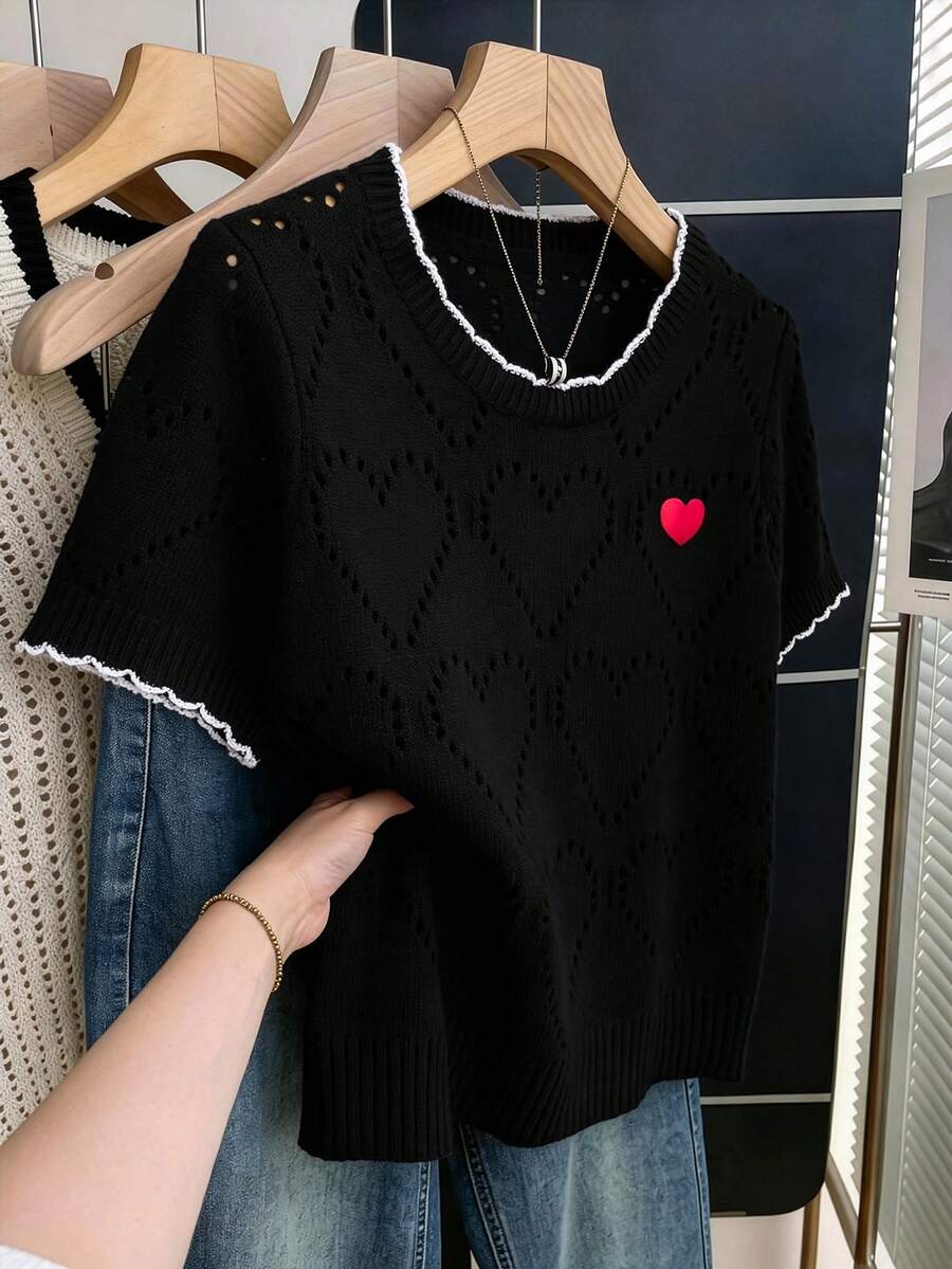 GlowEve CURVE Plus Size Elegant Cute Fairy Colorblock Heart Pattern Hollow Out Round Neck Short Sleeve Knit Top Dinner Office Black Summer - Black and White - View 1
