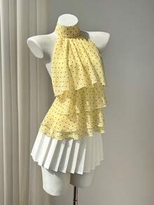 SHEIN PETITE 女款春夏休閒度假風荷葉邊拼接四層雪紡波點印花布料優雅顯瘦抓皺修身綁帶沙灘上衣 - 黃色 - 查看 5
