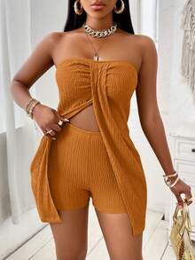 SOLERSUN Conjunto de Top sin Tirantes y Pantalones Cortos de unicolor con Frente Torcido y Abertura en Verde, Diseño de Tela Texturizada, Adecuado para Ocio en el Hogar, Vacaciones en la , Viajes a la Playa - Naranja Coral - Ver 2