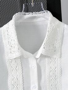 Qadelle Women's Lace Patchwork Single-Breasted Casual Versatile Daily Wear Shirt - White - View 7