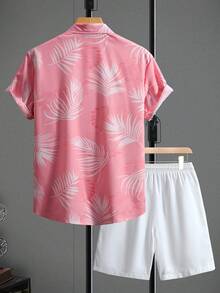 Manfinity Homme Men's Vacation Casual Botanical Print Shirt And Shorts 2 Pieces Set - Pink - View 2