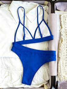 Swim Vcay Women's Summer Beach Solid Color Halter Neck Tie Sexy Fashion Bikini Two-Piece Swimsuit Set - Royal Blue - View 3
