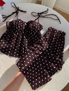 Conjunto de 2 piezas de camiseta de tirantes y pantalones con estampado de lunares, estilo casual de primavera para mujer. Conjunto de 2 piezas de lunares lindo para verano - Café integral - Ver 6
