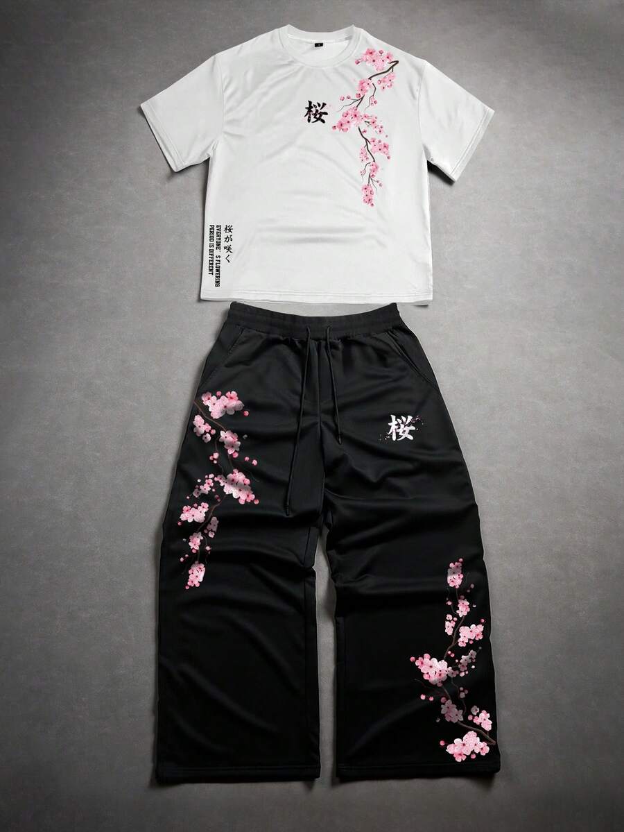 Manfinity EMRG 男士 2 件套 粉色與黑色日文漢字櫻花 T 恤與寬腿長褲,夏季街頭風城市度假套裝,復古 Y2K 休閒套裝 - 彩色 - 查看 1