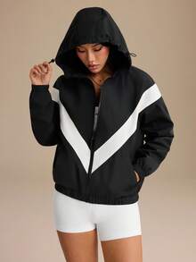 SHEIN Unity 女款拼色連帽拉鍊休閒百搭日常旅行運動外套 - 黑色 - 查看 7
