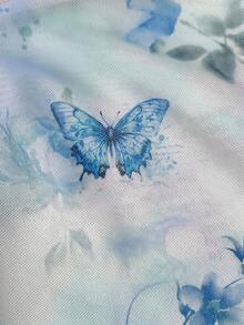 SHEIN MOD Women's Vintage Tie Dye Butterfly Print Ruched Ruffle Hem Dress, Asymmetrical Hemline Dress - Blue - View 5
