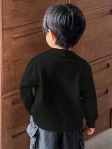 SHEIN 小男孩拉鍊純色休閒百搭日常出遊開襟外套 - 黑色 - 查看 6