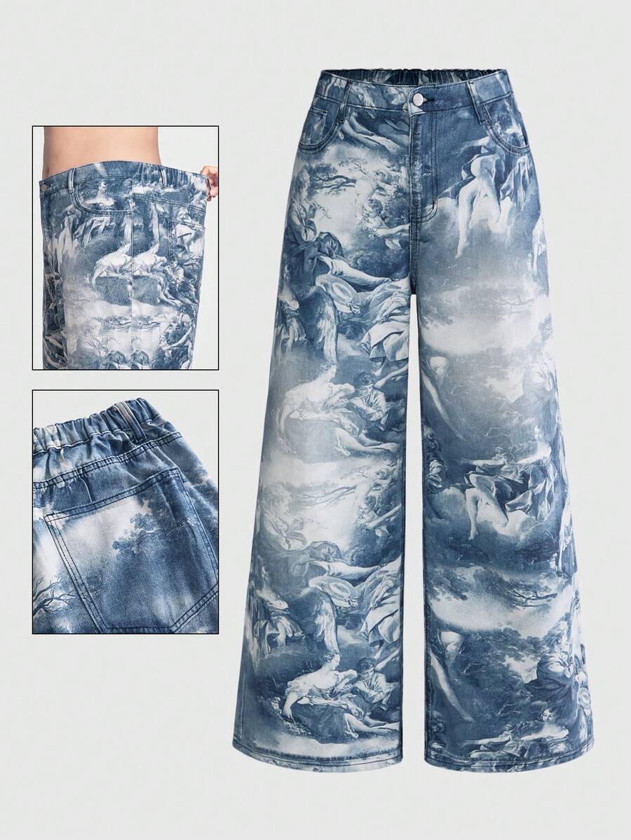 ROMWE Avant Renaissance Art Print Plus Size Jeans - Blue - View 1