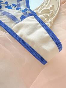 SHEIN Set Lingerie Wanita Warna Biru Langit dengan Bordir dan Tali Pengikat, 2 Potong - Biru - View 5