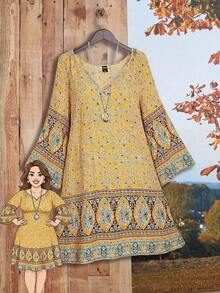 Rusticease Plus Size Patterned Midi Dress,Fall Women Clothes - Mustard Yellow - View 1
