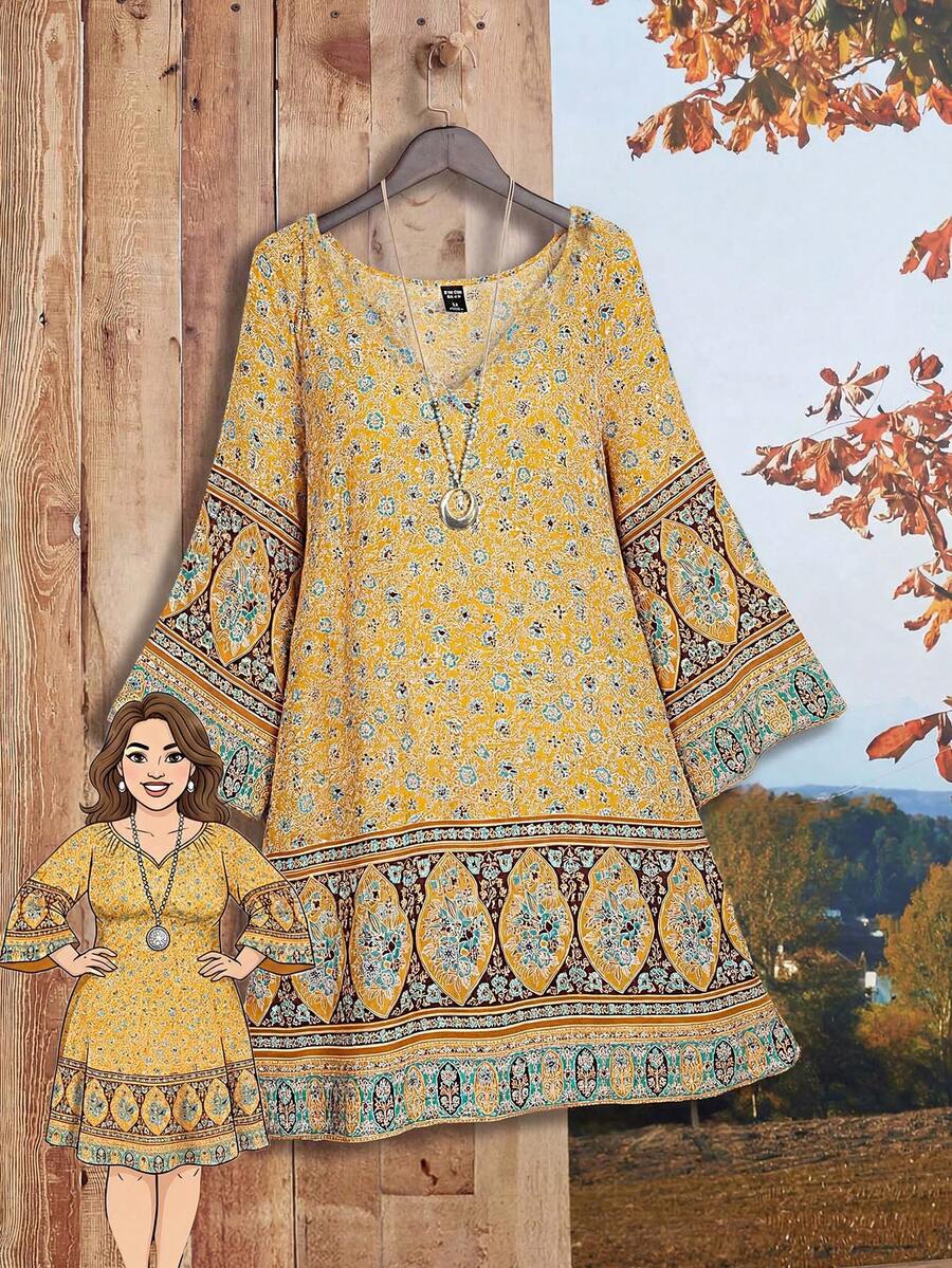 Rusticease Plus Size Patterned Midi Dress,Fall Women Clothes - Mustard Yellow - View 1