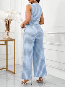 SHEIN Lady 女款條紋單排釦背心與長褲休閒兩件套 - 淺藍色 - 查看 3