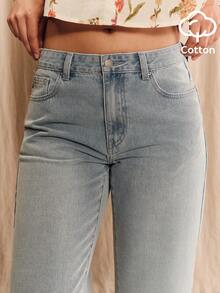 lacRébo Light Blue Washed Mid-Waist Slim Straight Ankle-Length Jeans - Light Wash - View 1