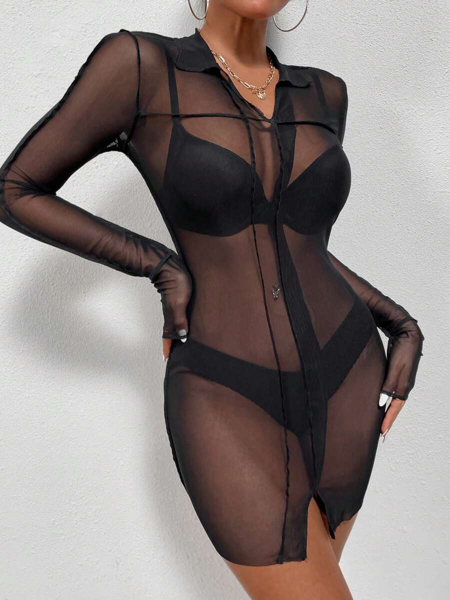 SHEIN SXY 大尺碼女款長袖透視網紗貼身性感洋裝
