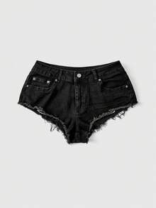 ROMWE Grunge Punk 夏季龐克哥德骷髏刺繡性感街頭音樂節金屬鉚釘低腰緊身牛仔短褲，萬聖節之夜黑白配色 - 黑色 - 查看 2