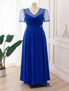 Gownix Plus Size Women's Spliced Mesh Short Puff Sleeve Pleated Design Elegant Dress Evening Formal Wedding Royal Blue Summer - Navy Blue - View 3