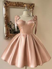 Lovelzi Elegant Luxurious Dusty Rose Shiny Silk Hand-Tied Bow Decor Shoulder Strap Shell Bustier Pleated A-Line Plus Size Short Prom Bridesmaid Party Dress - Khaki - View 6