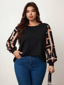 Enliva Plus Size Colorblock Lantern Sleeve Casual Loose Top, Autumn/Winter Holiday Outfit - Black - View 5