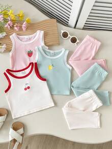 SHEIN Playful Pals 6件組女嬰純色對比水果印花櫻桃檸檬草莓可愛圓領無袖背心上衣 & 長褲修身套裝，彈性柔軟面料，清新甜美可愛休閒風，適合夏季日常外出、上學、購物、旅行、度假、公園、遊樂園、運動、跑步等多種場合 - 彩色 - 查看 9