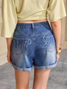 Summer Rolled-Up High-Waisted Denim Shorts - 藍色 - 查看 6