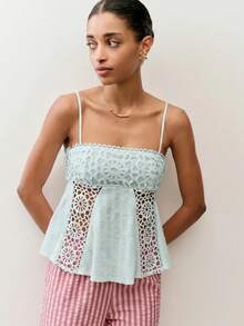 Nöista 白色蕾絲荷葉邊上衣，附花卉鉤編與蕾絲拼接，適合夏季、秋季、早午餐、度假與派對風格 - 綠色 - 查看 4