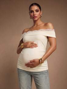 MaterniChic Summer Elegant Maternity Baby Shower Pregnant, Apricot Slim-Fit Off-Shoulder T-Shirt With Contrast Lace Design For Fashionable Photoshoot - Yellow - View 7